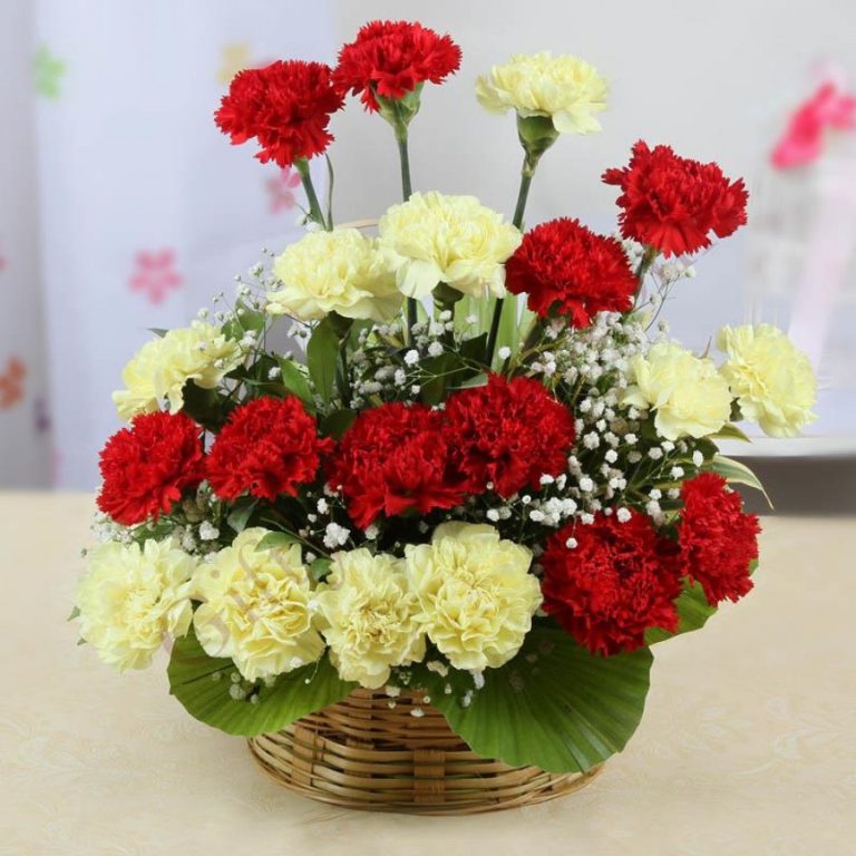 727_Arrangement Of 20 Red And Yellow Carnations Basket. 999-900x900